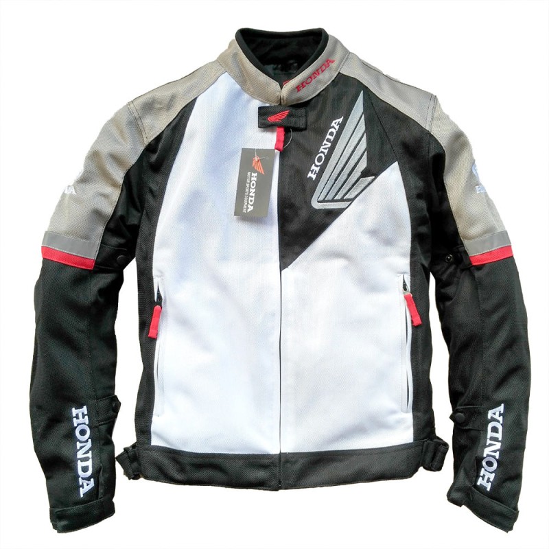 Honda Motorcycle Jacket - Summer Breathable Oxford Fabric with 5 Removable Protectors [Black & White, S-3XL]