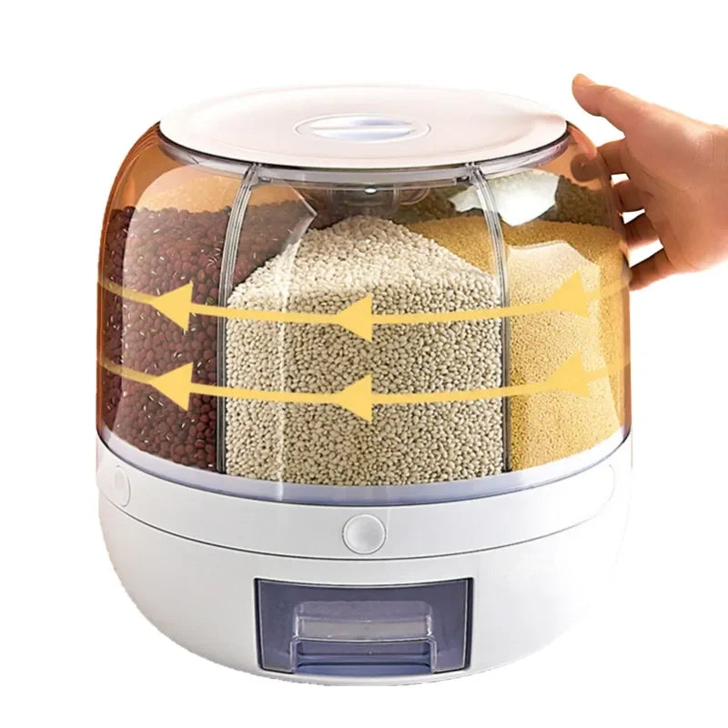 6KG 360° Rotatable Rice Dispenser - Sealed Dry Grain Bucket, Moisture-proof Kitchen Food Storage Container
