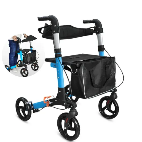 Aluminum Alloy Folding Rollator Walker - Elderly & Disabled Mobility Aid with Adjustable Height, Foldable Design & Storage Bag