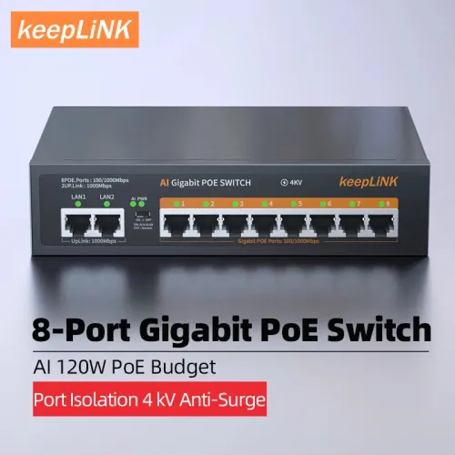 KeepLink 8-Port 1000Mbps POE Switch with 52V Built-in Power for CCTV IP Cameras & WiFi Routers