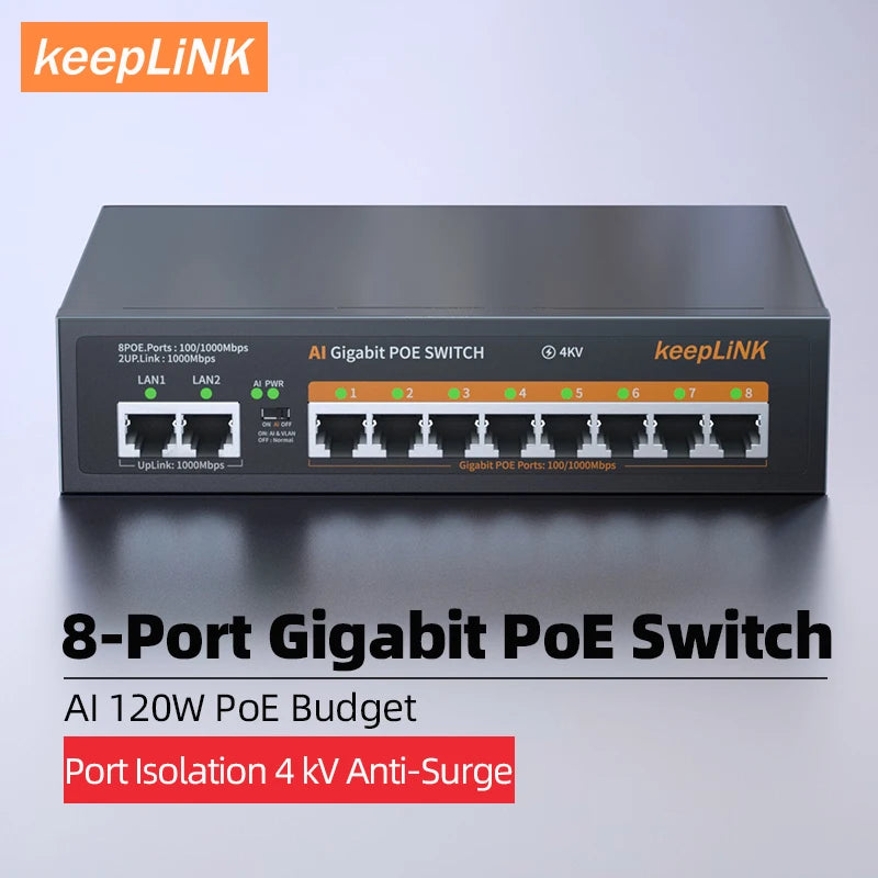 KeepLink 8-Port 1000Mbps POE Switch with 52V Built-in Power for CCTV IP Cameras & WiFi Routers