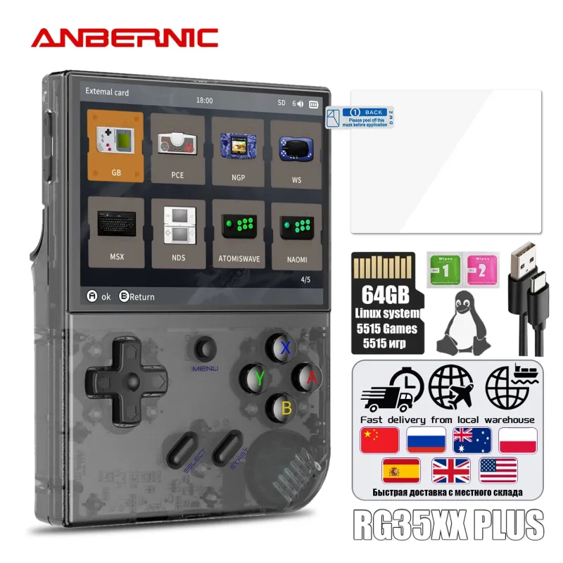 ANBERNIC RG35XX PLUS Retro Handheld Game Console - Ingebouwde 64GB, 5000+ Klassieke Games, HDMI TV-uitgang, Draagbare Gaming voor Reizen & Kinderen Cadeau [Retro Gaming, Handheld Console]
