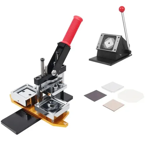 Square Fridge Magnet Badge Press Machine Complete Set with Cutter & 100 Magnet Parts - 50x50mm/63.5x63.5mm Rotary Metal Sheet