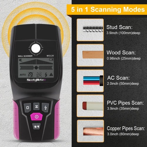 WS120 Multi-Scanner Stud Finder - 5-in-1 muurscanner voor hout, metaal, AC-draden, dieptetracker, LCD-scherm en audio-alarm