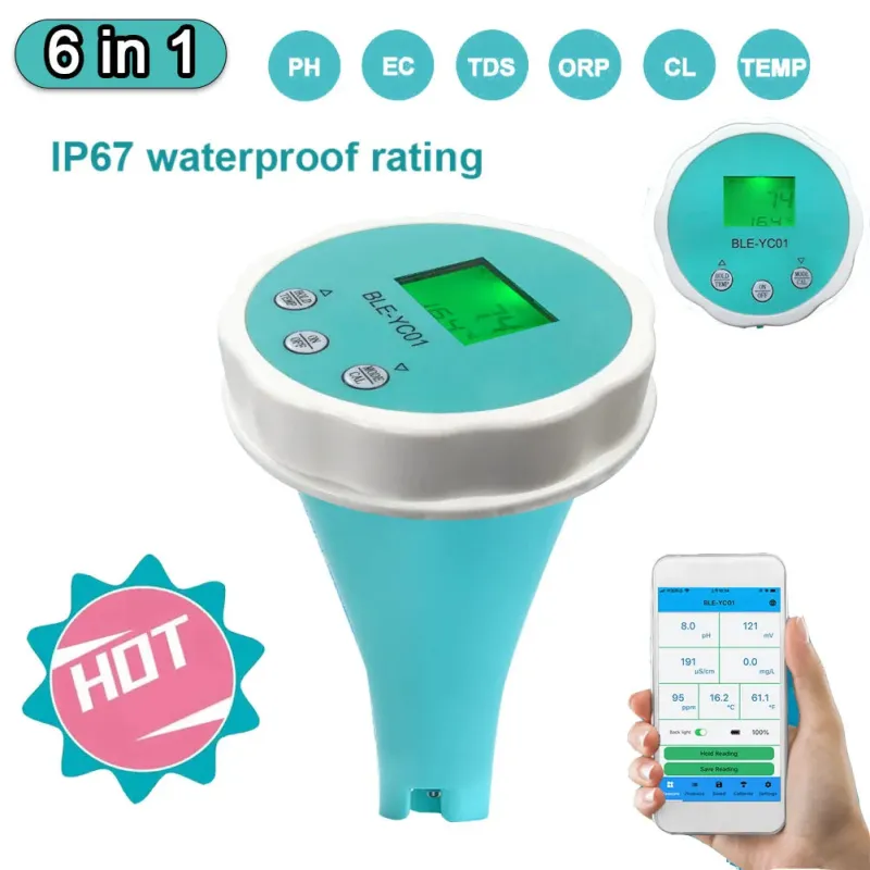 6-in-1 Water Quality Tester with Bluetooth & Mobile App - PH, EC, TDS, ORP, Temperature, Chlorine Detector