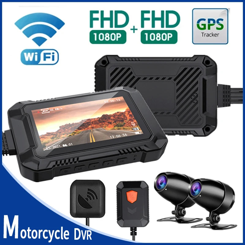 WiFi Motorcycle DVR Dash Cam 1080P+1080P Full HD Front Rear View Waterproof Motorcycle Camera with GPS Logger